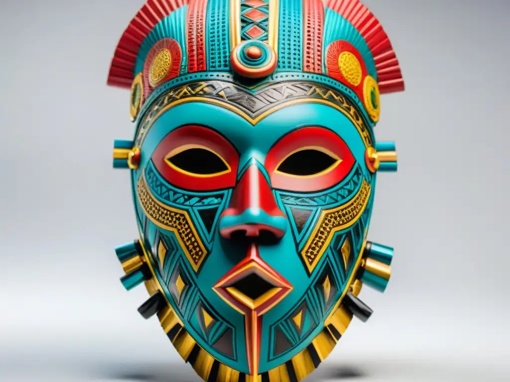 Una máscara tribal africana única y detallada con patrones geométricos y colores vibrantes sobre fondo blanco