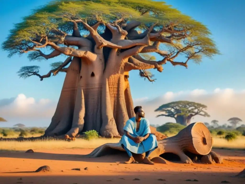 Matemático africano bajo baobab, rodeado de ecuaciones