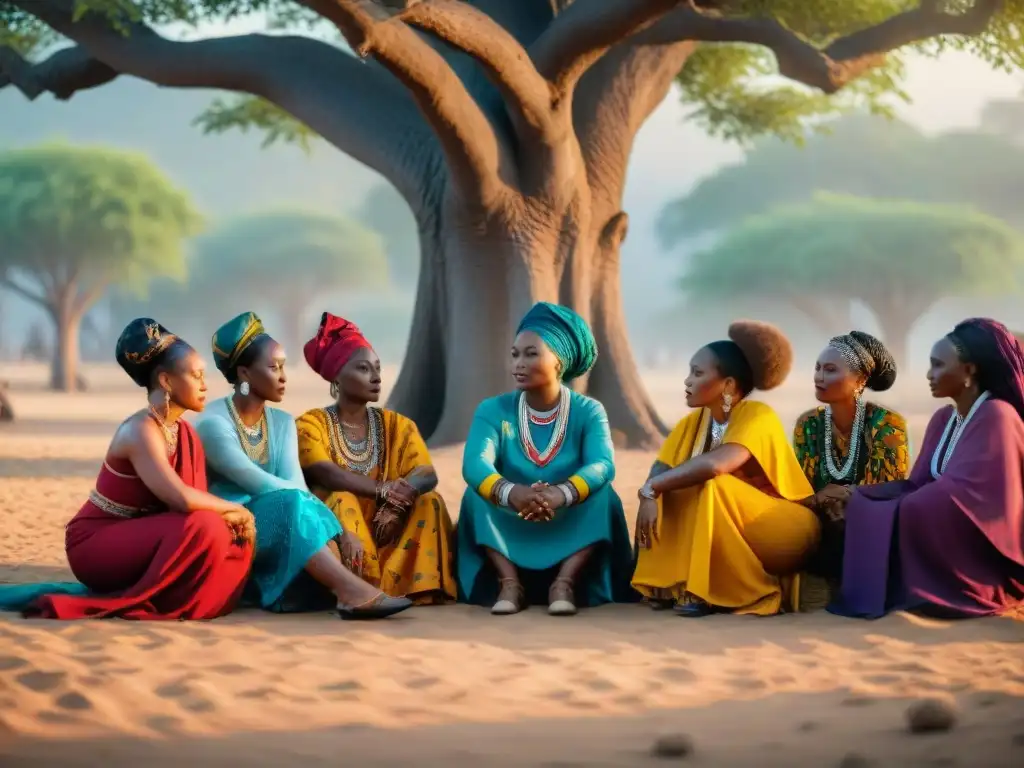 Matriarcado en África influencia política: Mujeres líderes africanas en profunda discusión bajo un árbol al atardecer