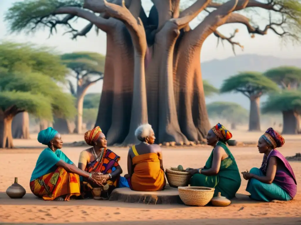 Matriarcados africanos influencia global: Sabias mujeres africanas conversan bajo un baobab, rodeadas de cultura y fuerza