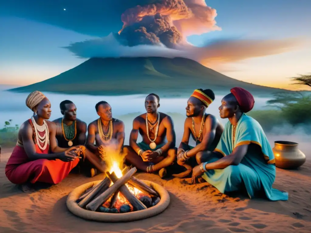 Medicina espiritual en África: Sanadores tradicionales reunidos alrededor de una fogata en la noche, envueltos en rituales ceremoniales