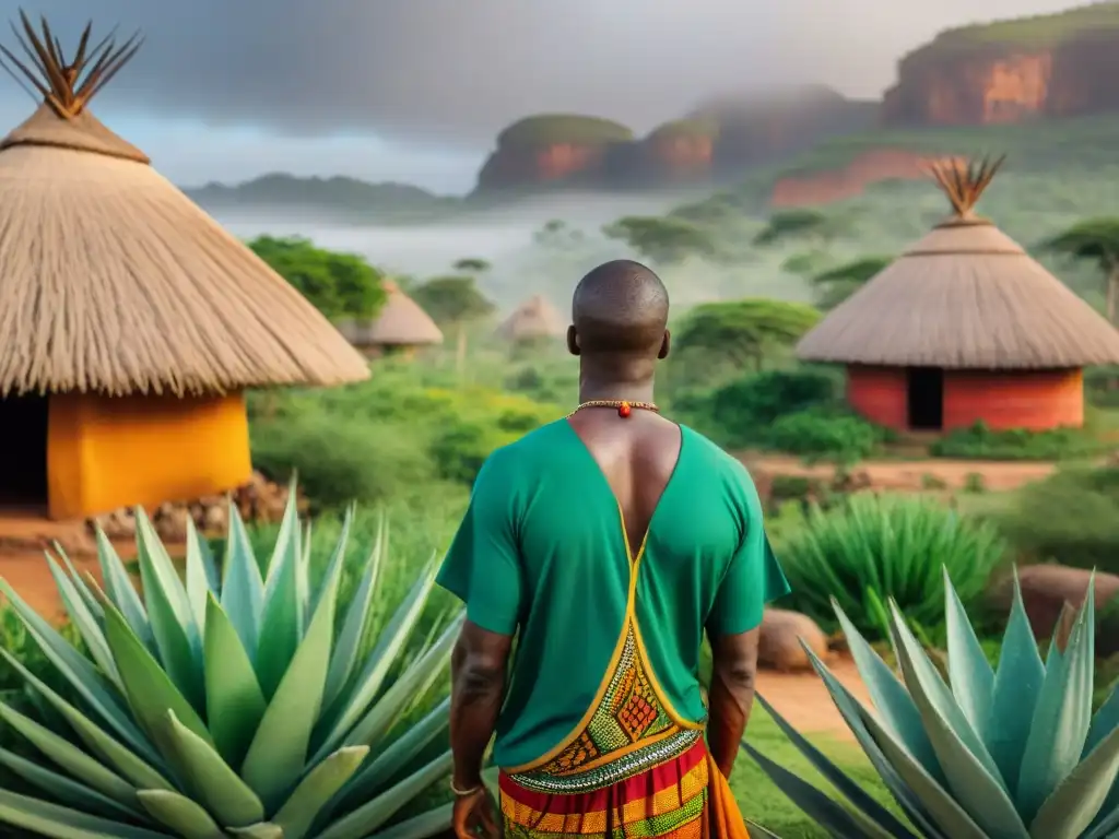 Un medicina de la tribu africana cosechando plantas curativas en un paisaje exuberante