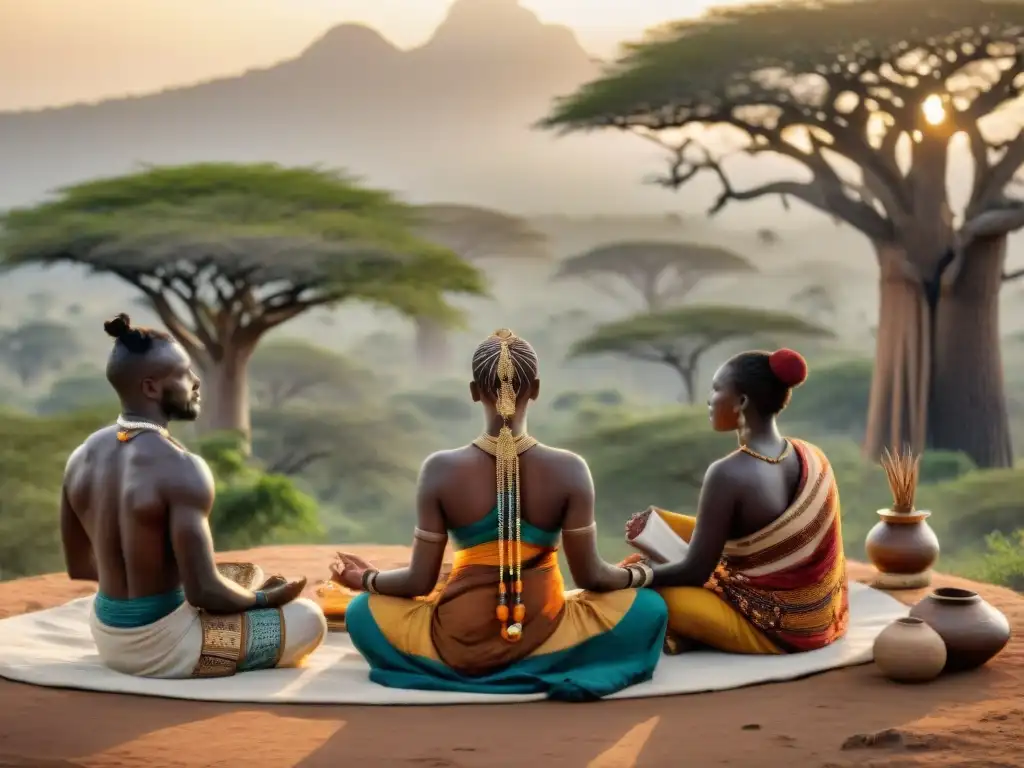 Una meditación en tradiciones espirituales africanas al amanecer, con personas de diversas tribus en profunda conexión espiritual