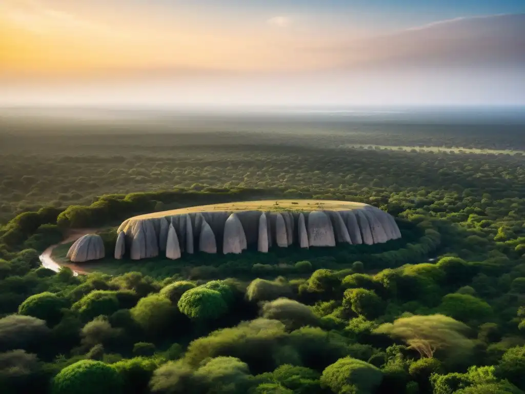 Megalitos prehistóricos en Senegambia: Antiguas estructuras en un paisaje vasto al atardecer