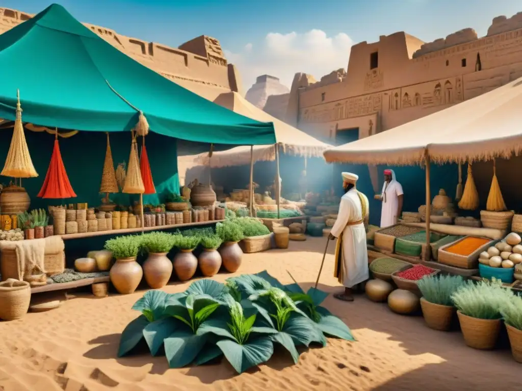 Mercado africano antiguo con plantas medicinales y vendedores en una bulliciosa escena bajo sombrillas decoradas