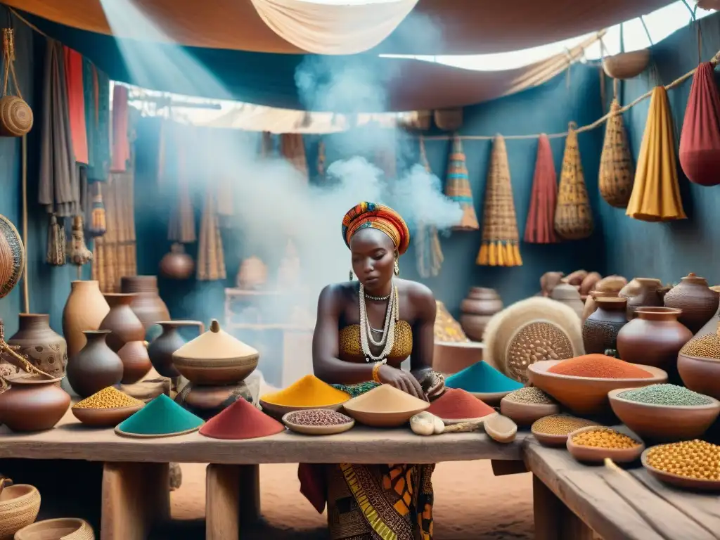 Un mercado africano antiguo rebosante de vida y color, mostrando artesanías tradicionales y tecnologías ancestrales africanas