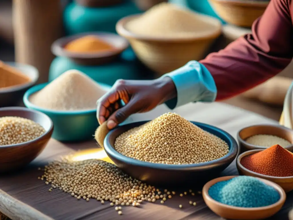 Un mercado africano antiguo rebosante de actividad, con granos ancestrales y colores vibrantes