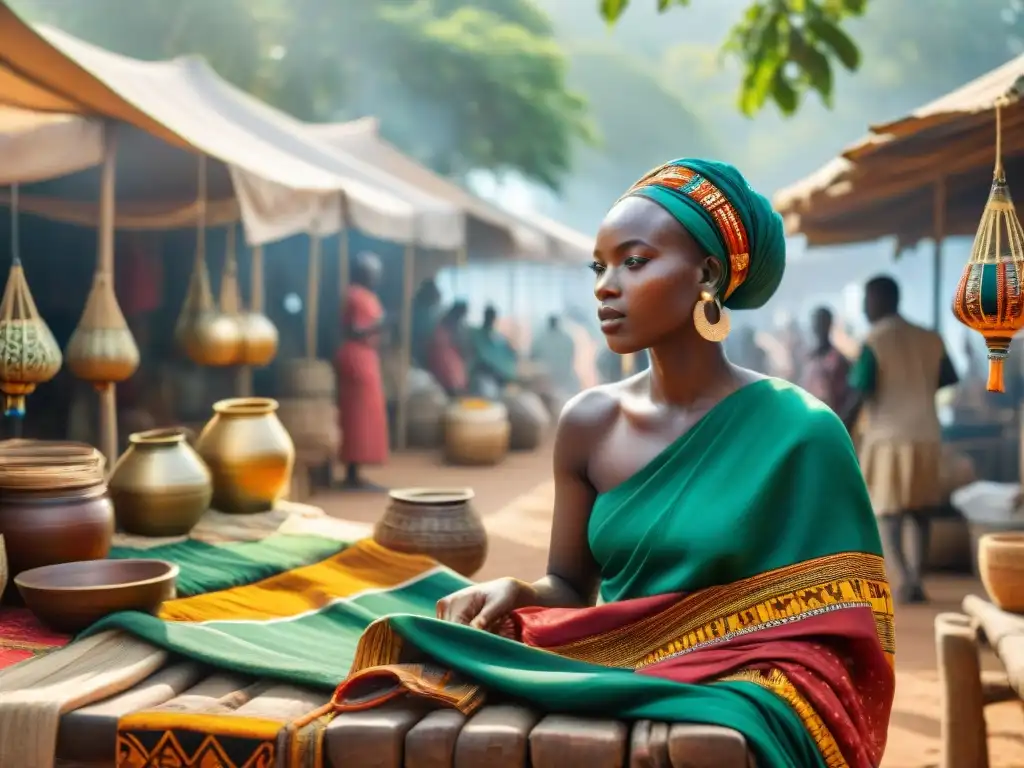 Un mercado africano bullicioso muestra arte y artesanía africana influencia con coloridas creaciones artesanales