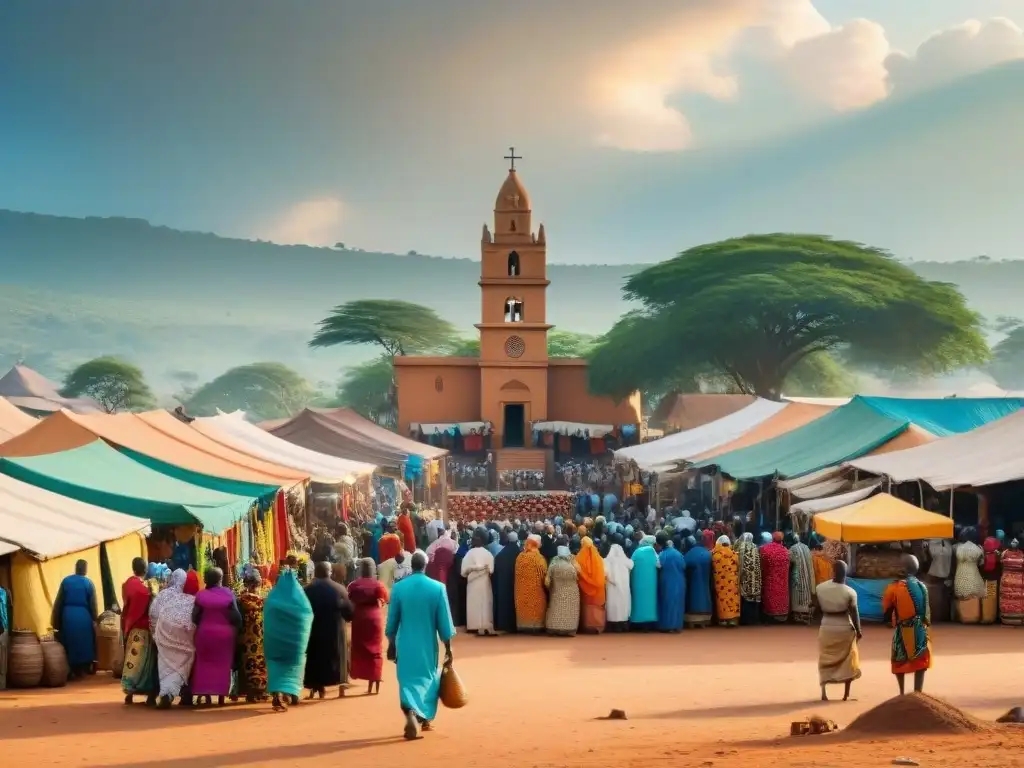 Un mercado africano bullicioso con artefactos tradicionales y una iglesia cristiana de fondo, simbolizando sincretismo cultural y fe