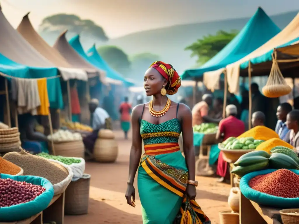 Un mercado africano bullicioso al atardecer: vendedores locales, textiles coloridos, artesanías y alimentos frescos