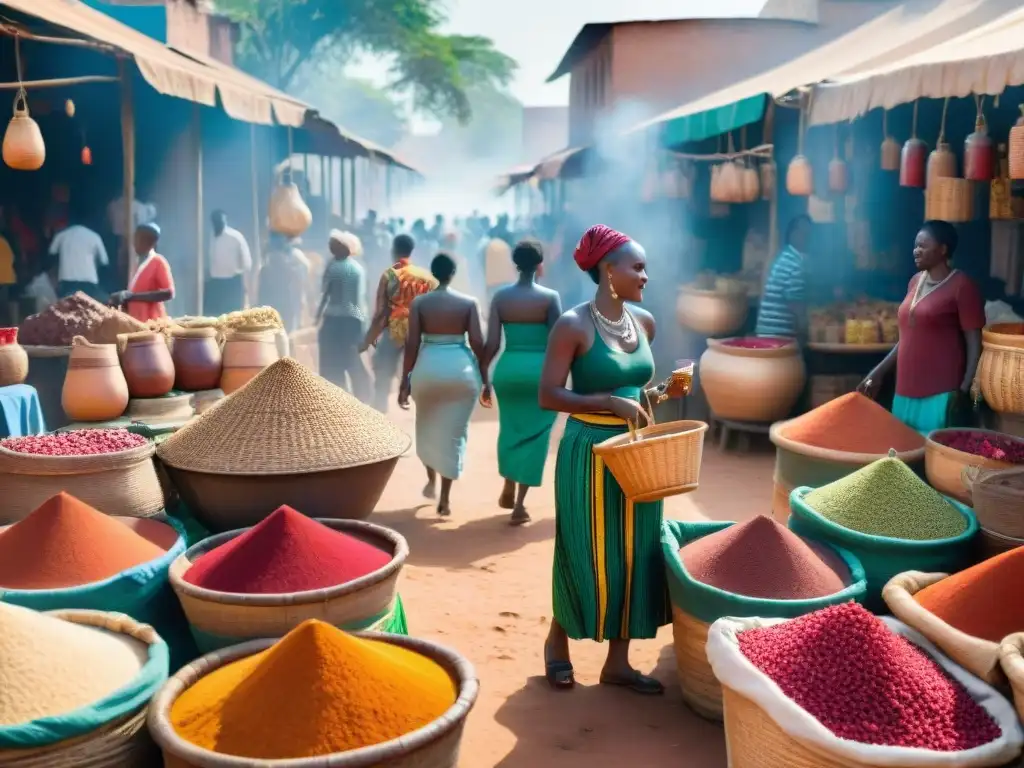 Un mercado africano bullicioso ofrece bebidas tradicionales africanas populares bajo el cálido sol, rodeado de cestas y ollas de barro