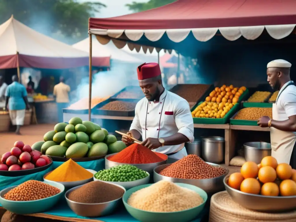 Un mercado africano bullicioso con cocina y colores vibrantes, reflejando la influencia de la gastronomía africana en el mundo