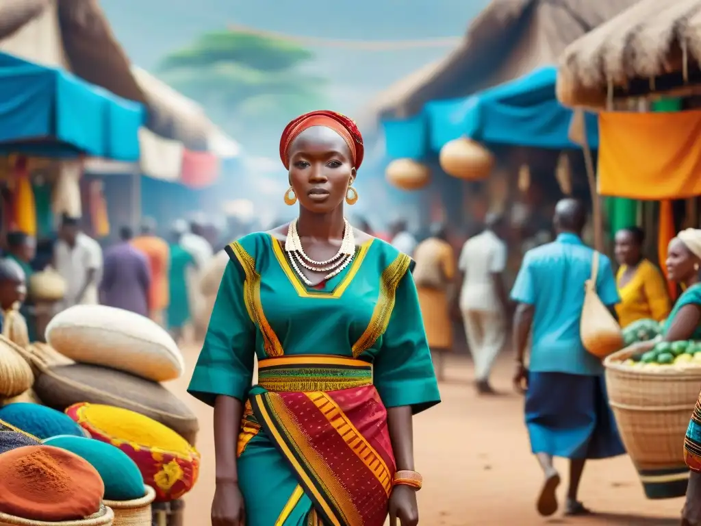 Un mercado africano bullicioso con colores vibrantes, gente diversa y lenguas extranjeras, fusionando globalización y autenticidad cultural