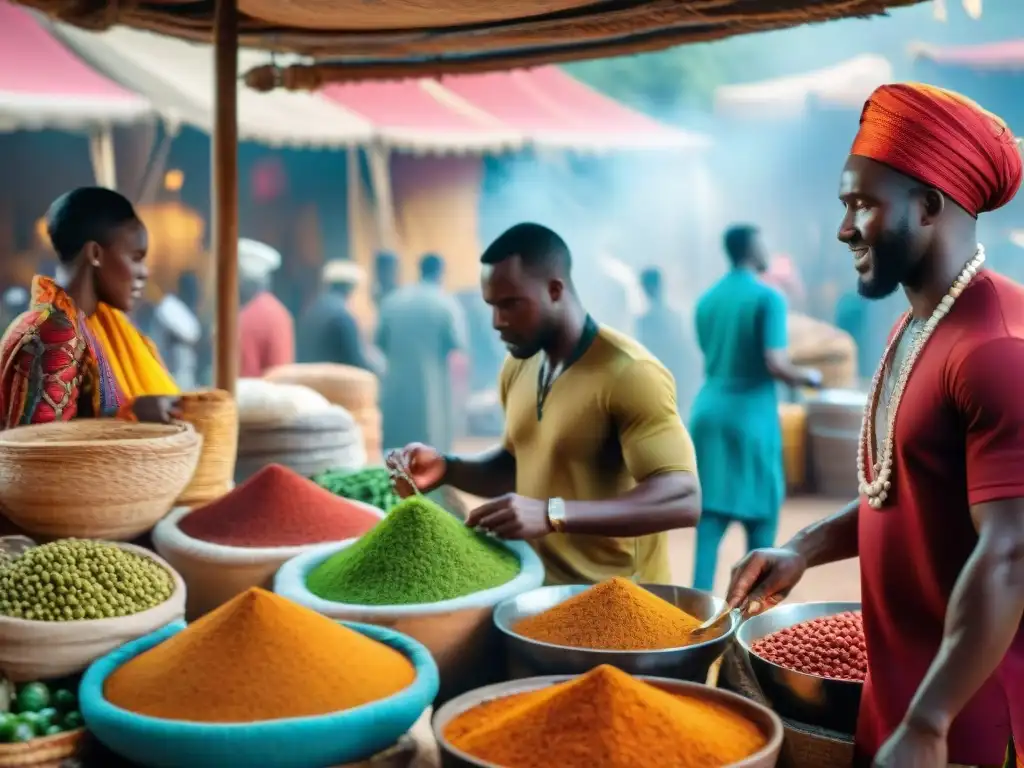 Un mercado africano bullicioso con colores vibrantes y actividades tradicionales que reflejan la adaptación cultural en medio de la globalización