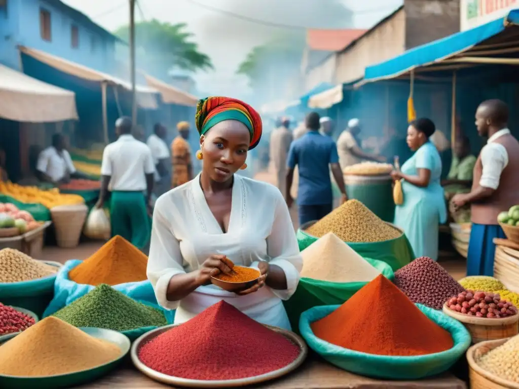 Un mercado africano bullicioso con colores vibrantes, ingredientes tradicionales y vendedores locales interactuando con clientes