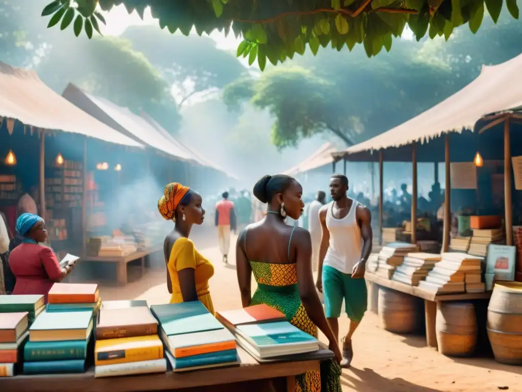 Un mercado africano bullicioso, colores vibrantes y gente examinando libros de autores africanos