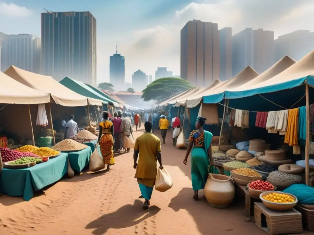 Un mercado africano bullicioso con colores vibrantes y elementos culturales, reflejando la innovación cultural y tecnológica en ciudades africanas