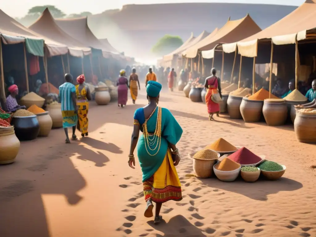 Un mercado africano bullicioso con colores vibrantes y cultura palpable