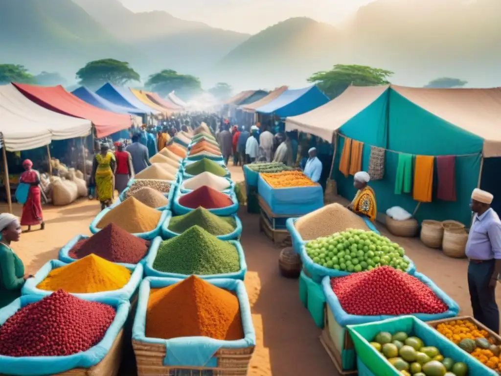 Mercado africano bullicioso: colores vibrantes, diversidad de personas comerciando bajo el sol, destacando el desarrollo sostenible diáspora africana