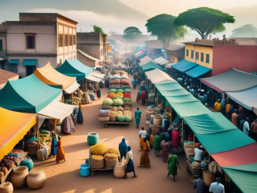 Un mercado africano bullicioso con colores vibrantes y emprendedores locales; Criptomonedas en remesas africanas