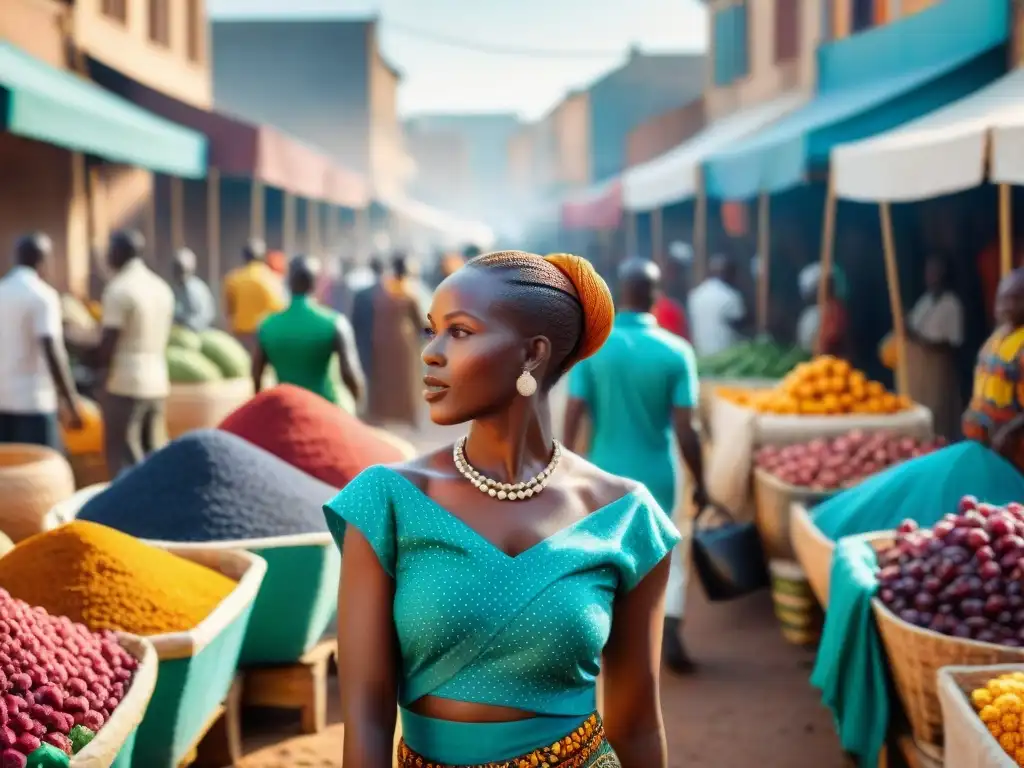 Mercado africano bullicioso con colores vibrantes, textiles africanos, vendedores locales y arquitectura única