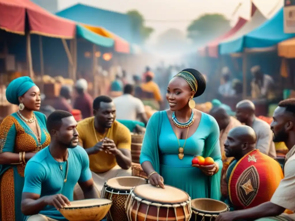 Un mercado africano bullicioso con colores vibrantes, música tradicional y interacción comunitaria