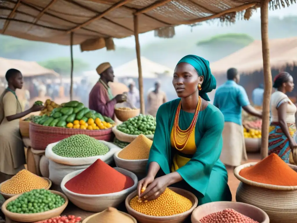 Un mercado africano bullicioso con coloridas paradas rebosantes de alimentos locales, conservación alimentos tradiciones África