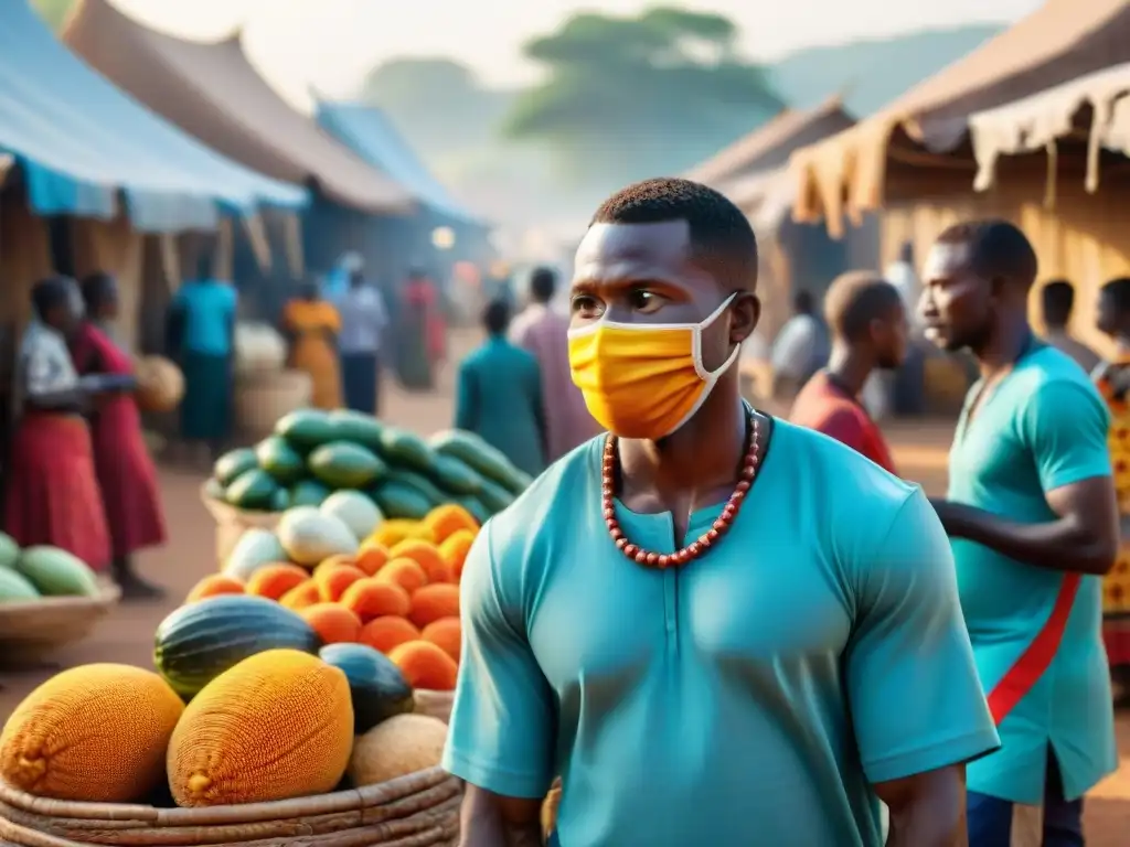 Mercado africano bullicioso con coloridas vestimentas y artesanías, hombres y mujeres locales conversando, máscaras y música