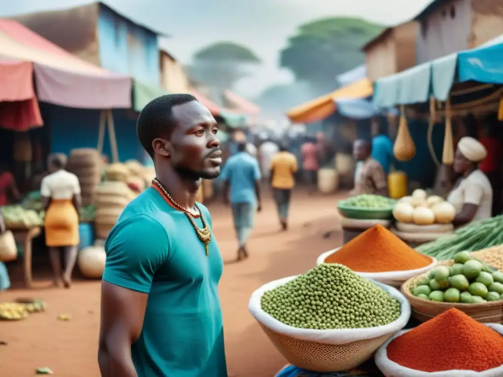 Un mercado africano bullicioso y colorido, reflejando la riqueza cultural y económica de África