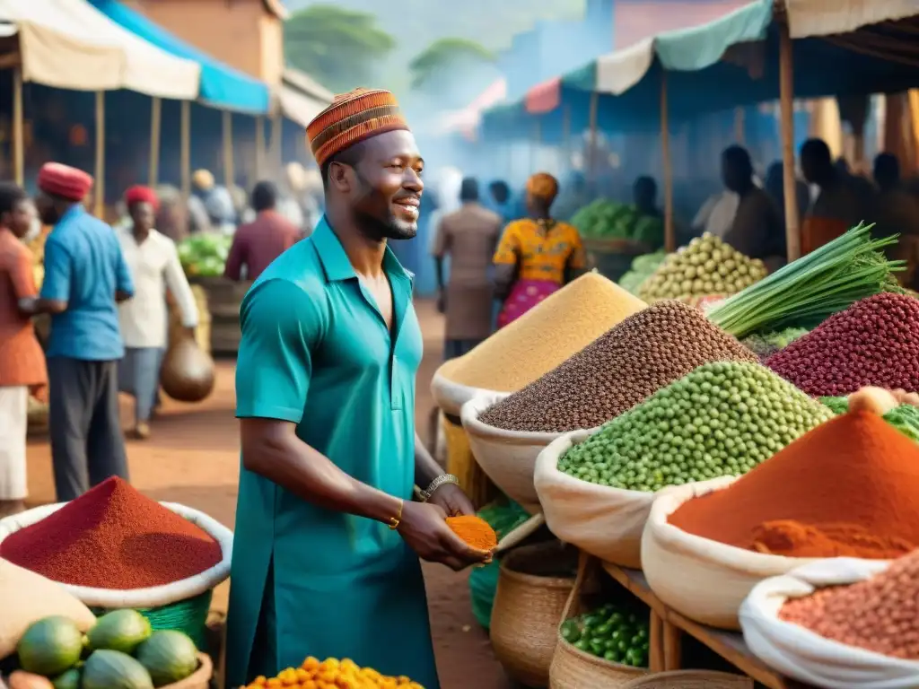 Un mercado africano bullicioso y colorido, lleno de especias, frutas y verduras únicas