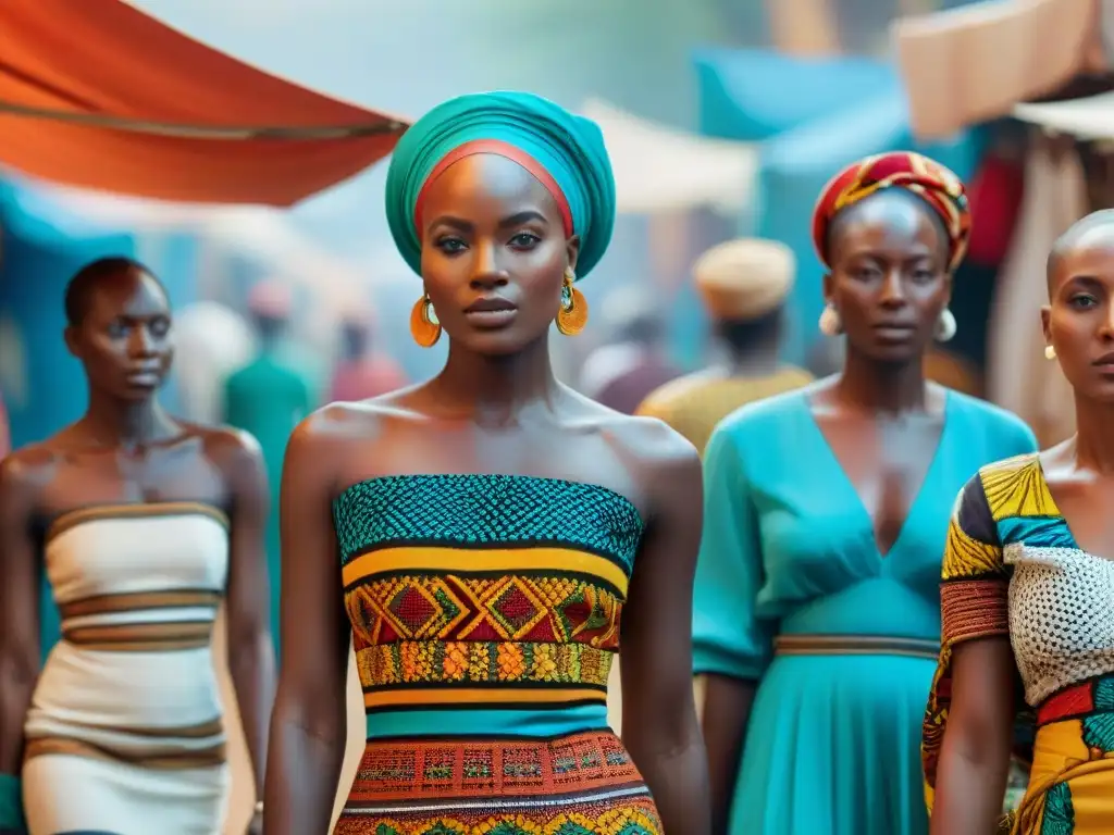 Un mercado africano bullicioso y colorido con textiles, artesanías y diseñadores que reflejan la innovación en la moda africana global