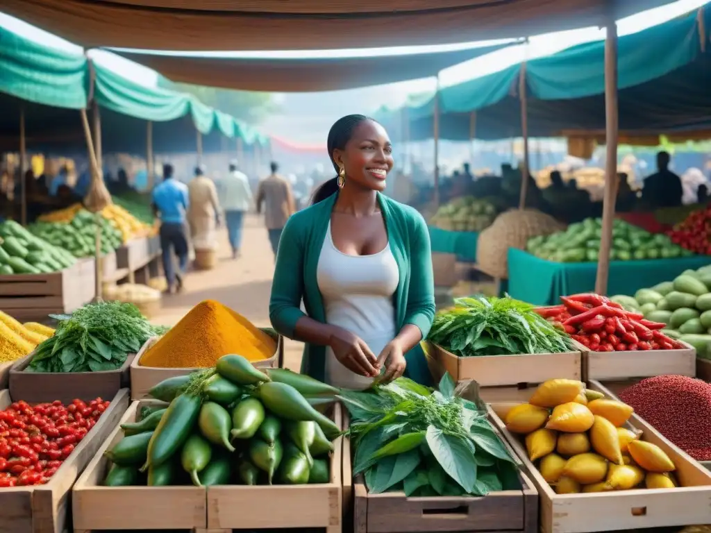 Un mercado africano bullicioso y colorido con ingredientes frescos y exóticos, bajo la luz cálida del sol