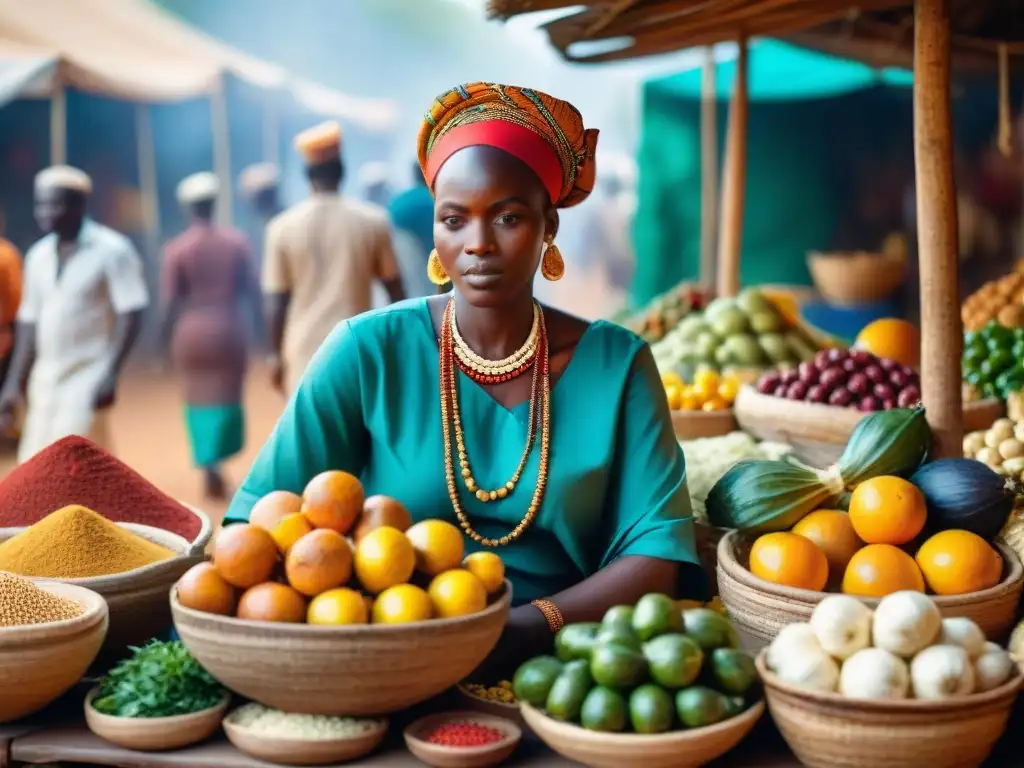 Un mercado africano bullicioso y colorido, con puestos rebosantes de frutas, verduras y especias