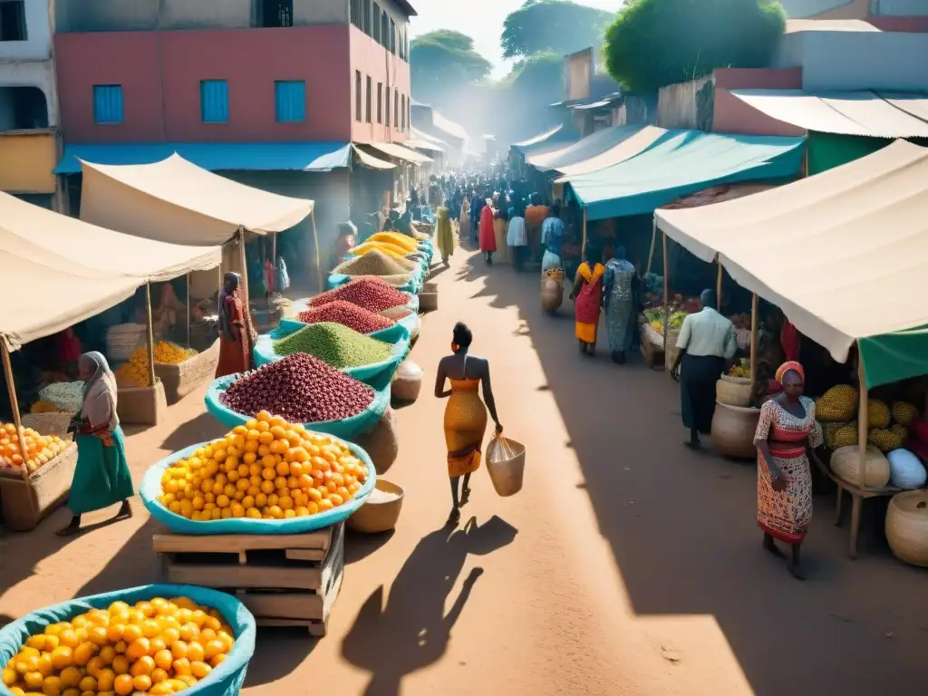 Un mercado africano bullicioso muestra la creatividad en tiempos de crisis: frutas, artesanías y tejidos coloridos bajo toldos improvisados