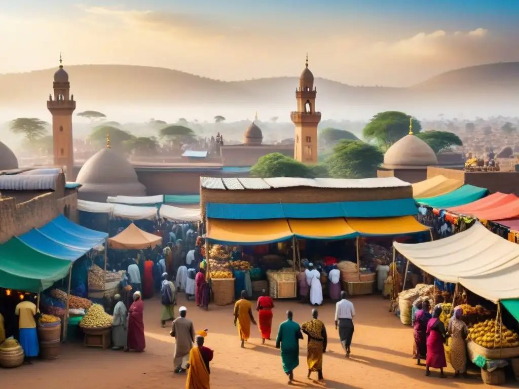 Mercado africano: diversidad étnica y religiosa en armonía Un mercado africano bullicioso donde diferentes creencias coexisten en armonía