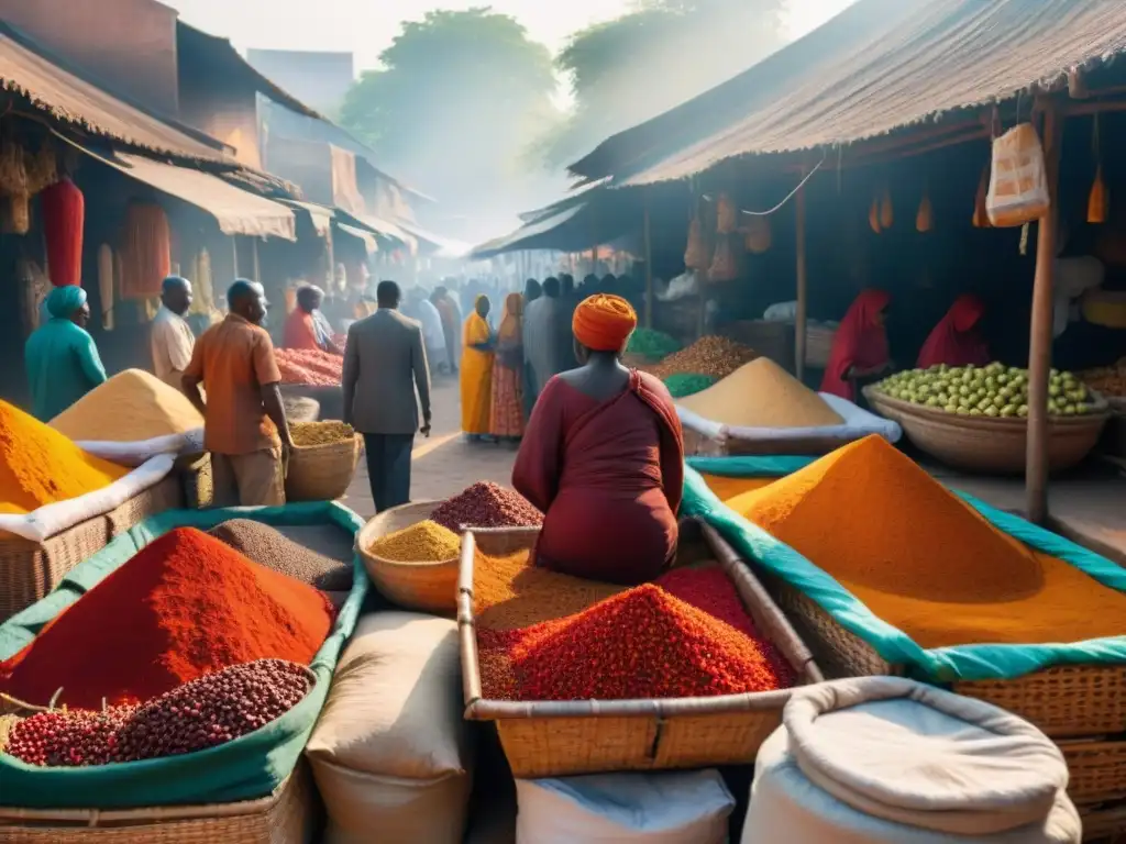 Un mercado africano bullicioso con especias y chiles vibrantes