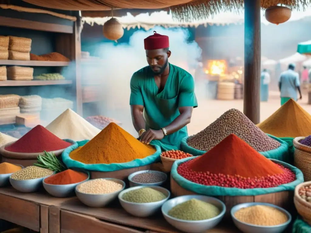 Un mercado africano bullicioso con especias coloridas y vendedores locales