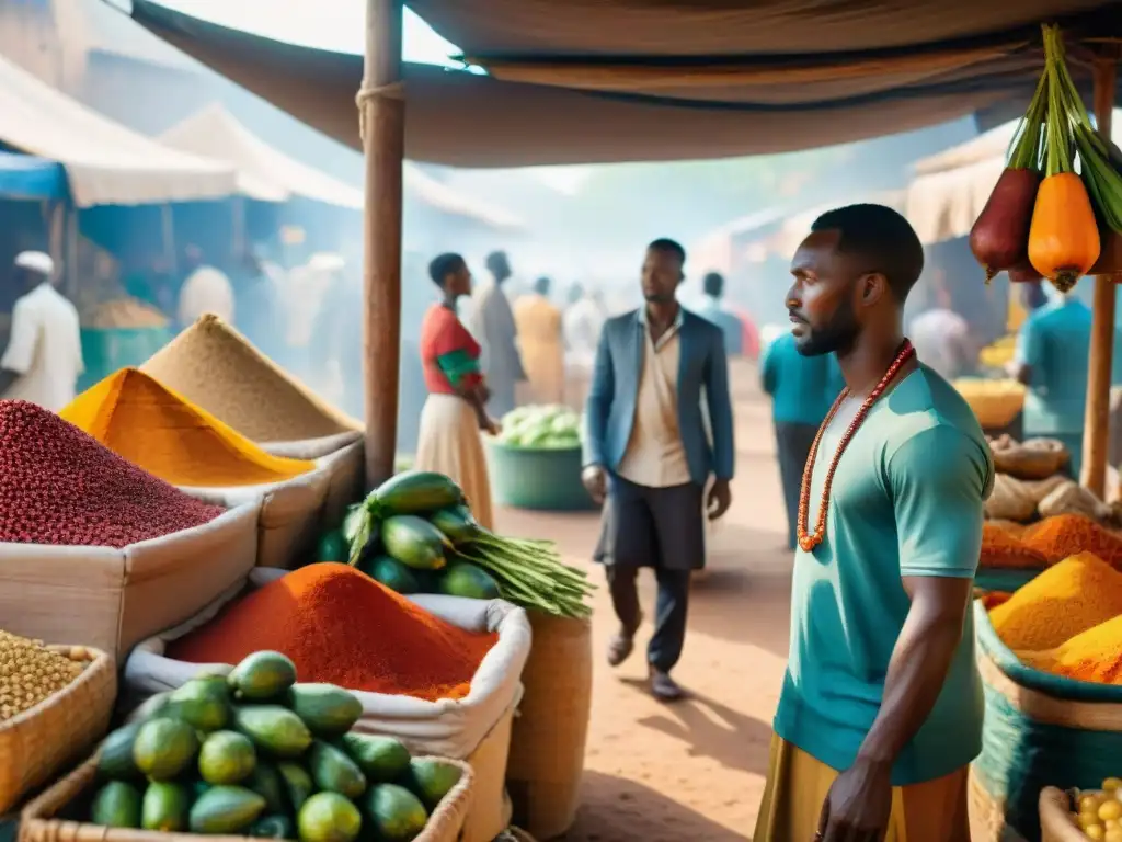 Un mercado africano bullicioso con especias, frutas y verduras coloridas