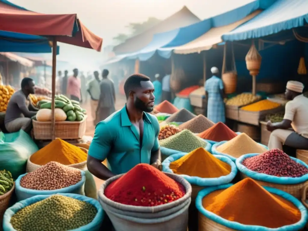 Un mercado africano bullicioso con especias, frutas exóticas y marisco fresco