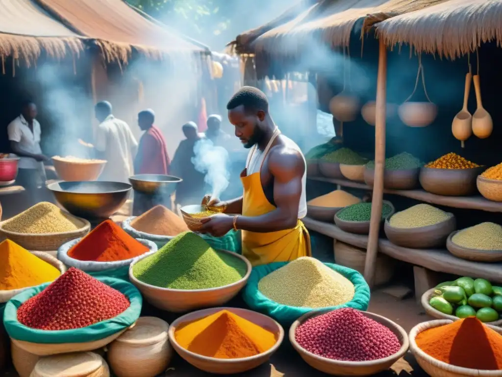 Un mercado africano bullicioso con especias, productos frescos y utensilios tradicionales, reflejando la diversidad de las cocinas africanas