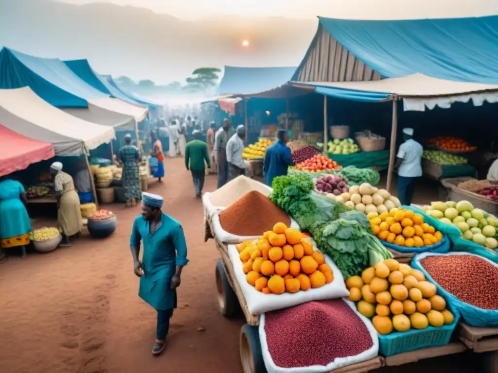 Mercado africano bullicioso con frutas, verduras y especias coloridas