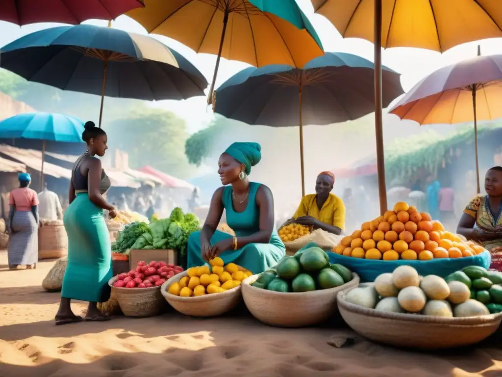 Un mercado africano bullicioso con frutas, verduras y artesanías coloridas bajo sombrillas vibrantes