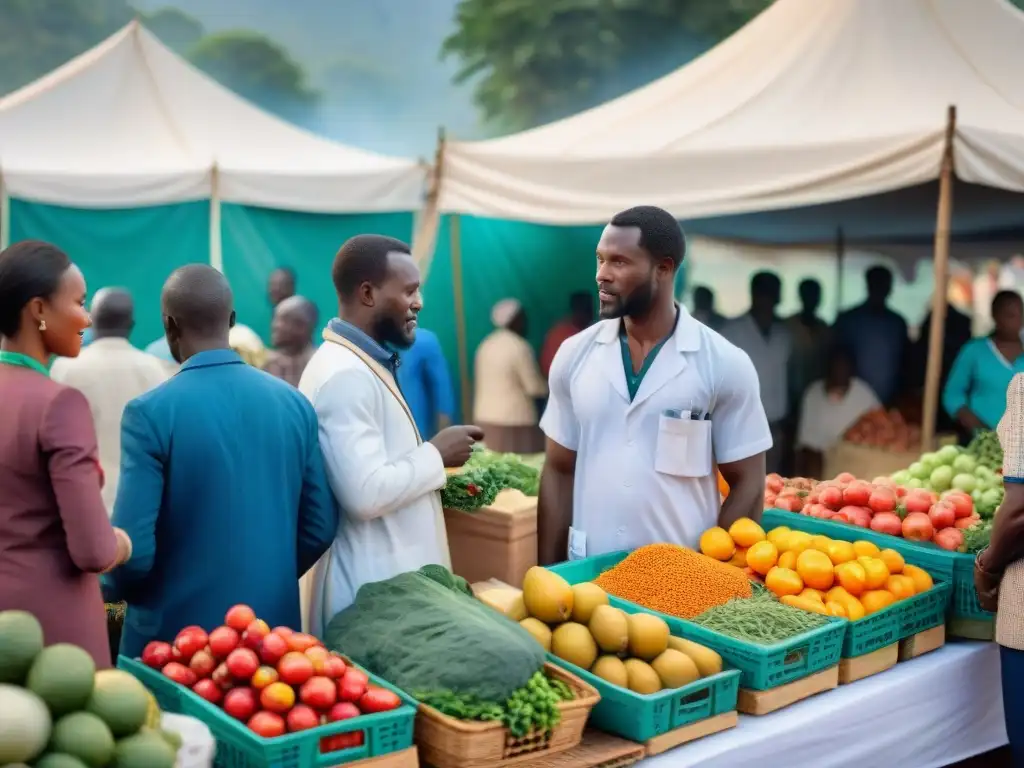 Un mercado africano bullicioso con frutas y verduras coloridas y una clínica de salud comunitaria