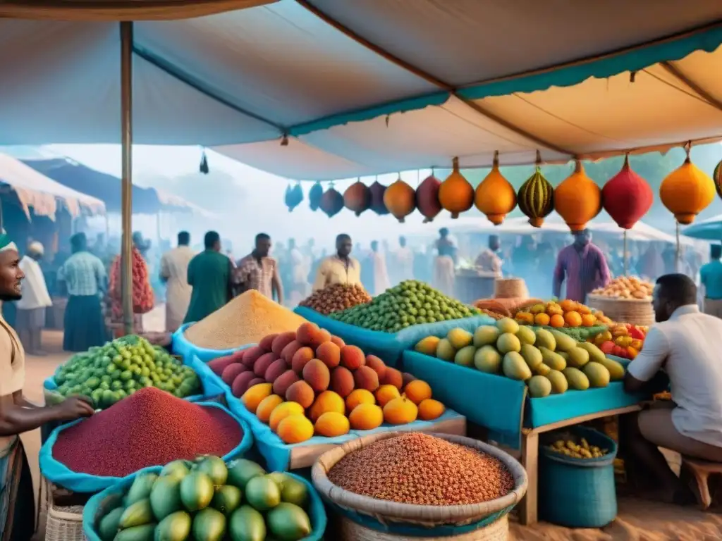 Un mercado africano bullicioso con frutas, especias y platos tradicionales de la cocina de África Central