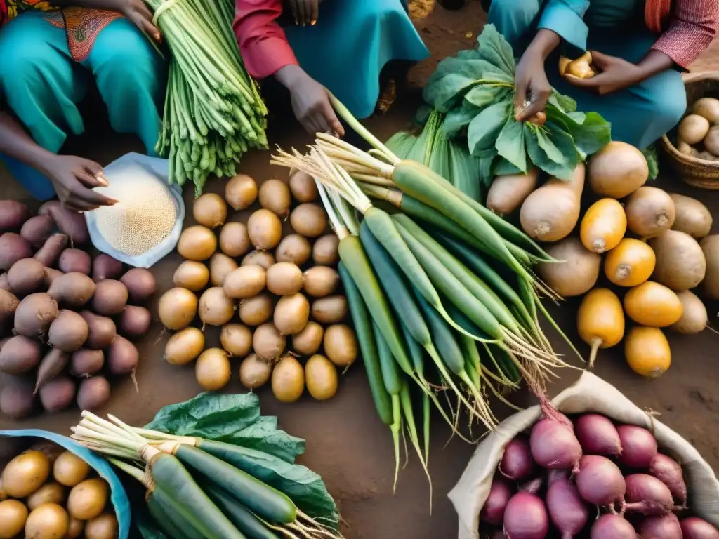 Un mercado africano bullicioso con influencia de raíces africanas, lleno de coloridas verduras y gente diversa