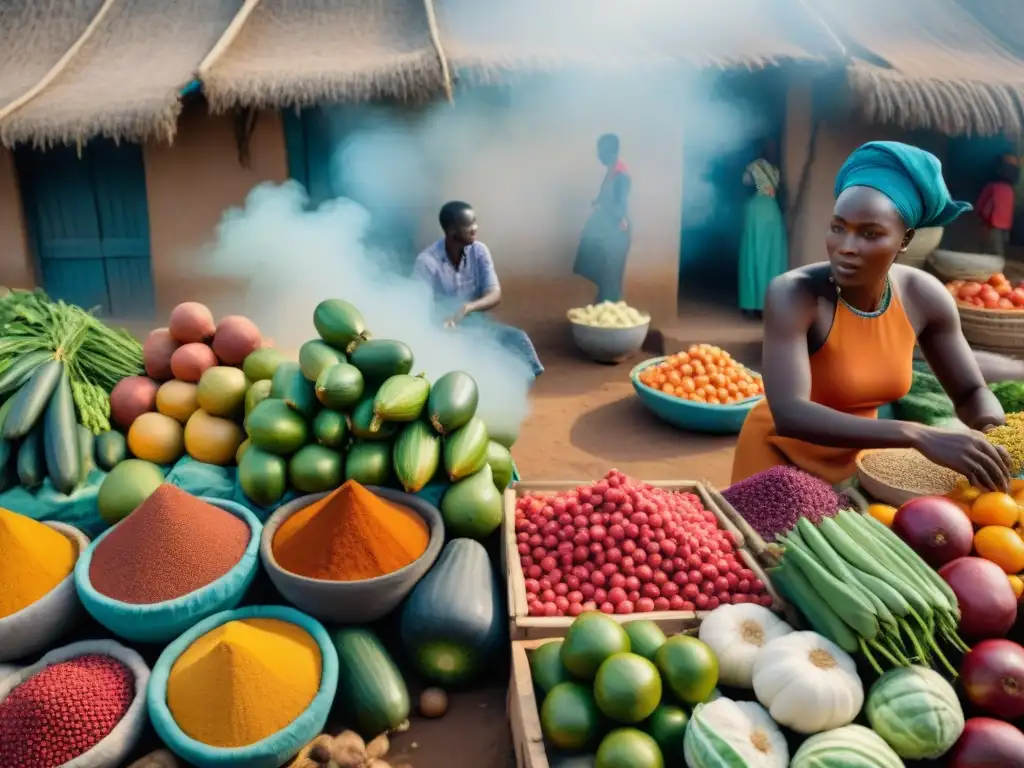 Un mercado africano bullicioso con influencia de ingredientes africanos saludables