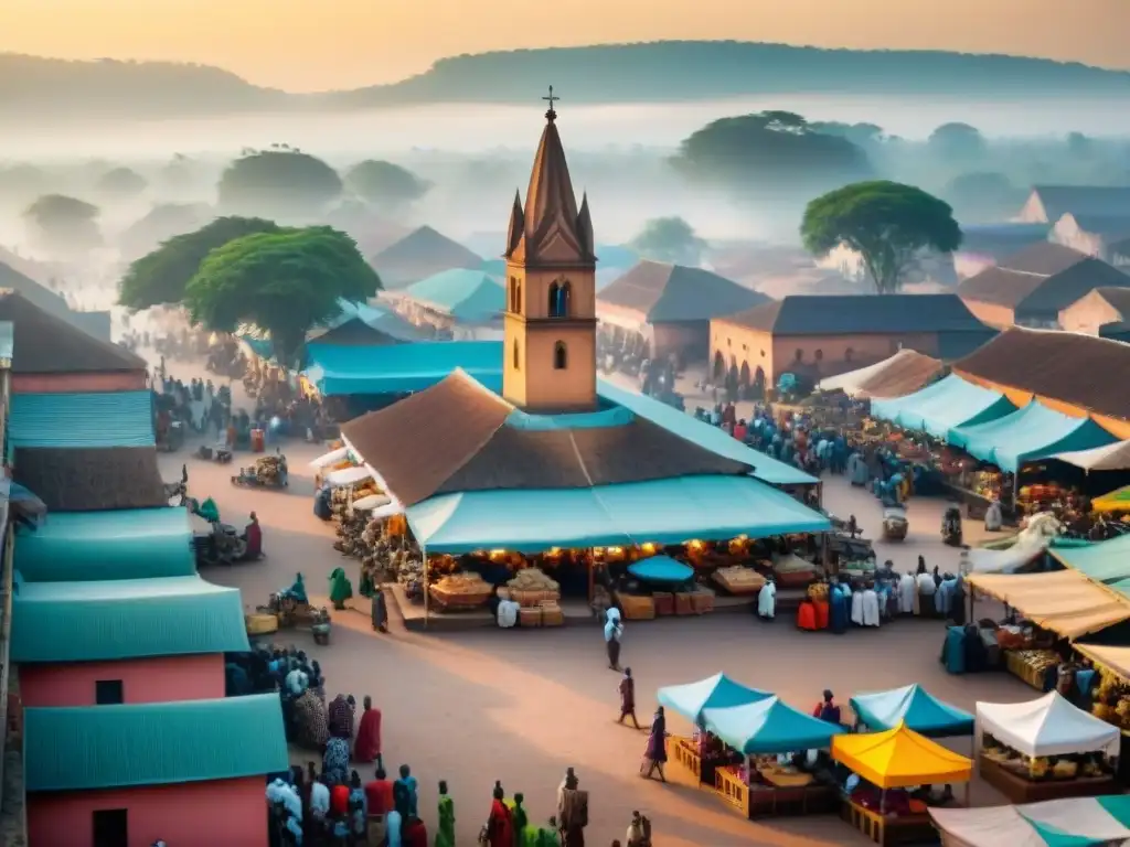 Mercado africano bullicioso con influencias cristianas y diversidad étnica, reflejando la expansión religiosa en África Central