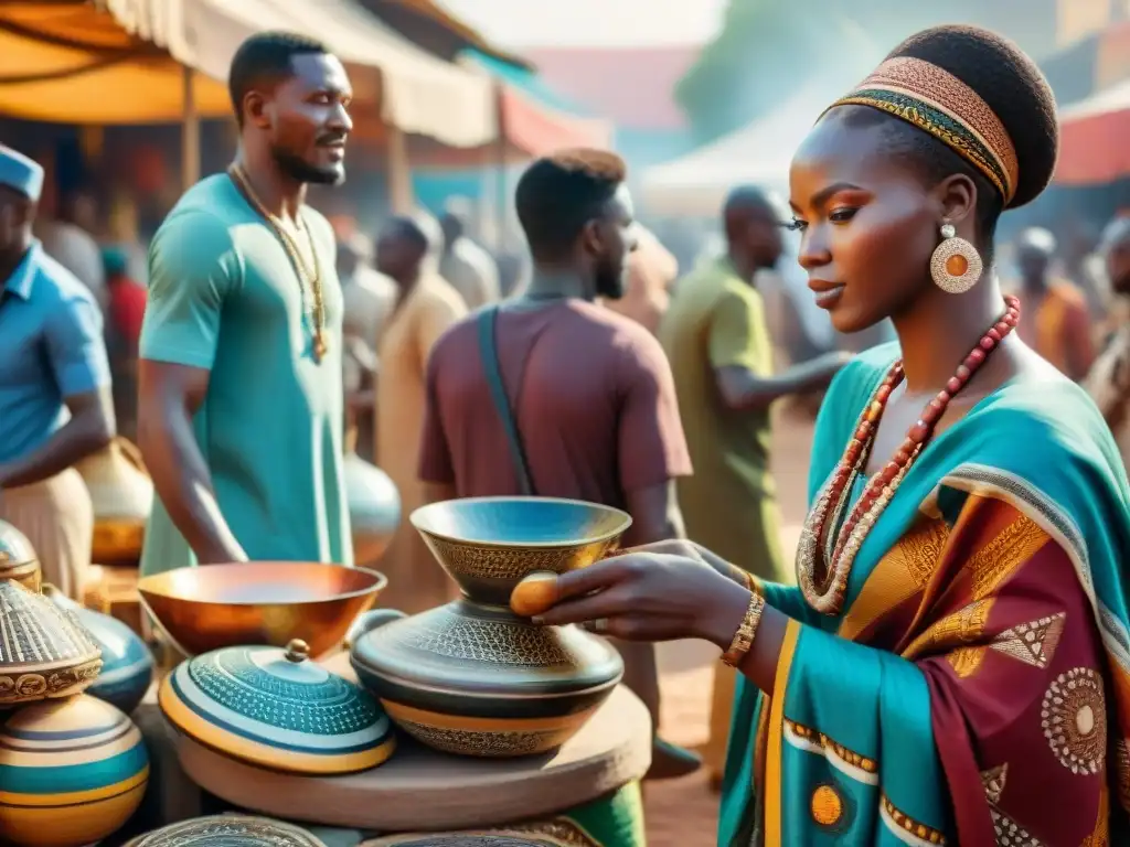 Un mercado africano bullicioso, lleno de colores y detalles, reflejando la riqueza comercial de las civilizaciones africanas