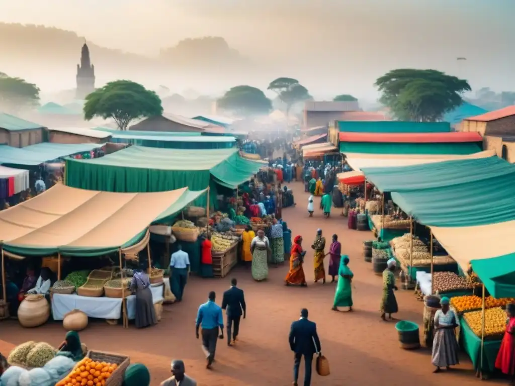 Un mercado africano bullicioso, lleno de color y vida, reflejando la riqueza cultural y la vitalidad diaria de una ciudad africana