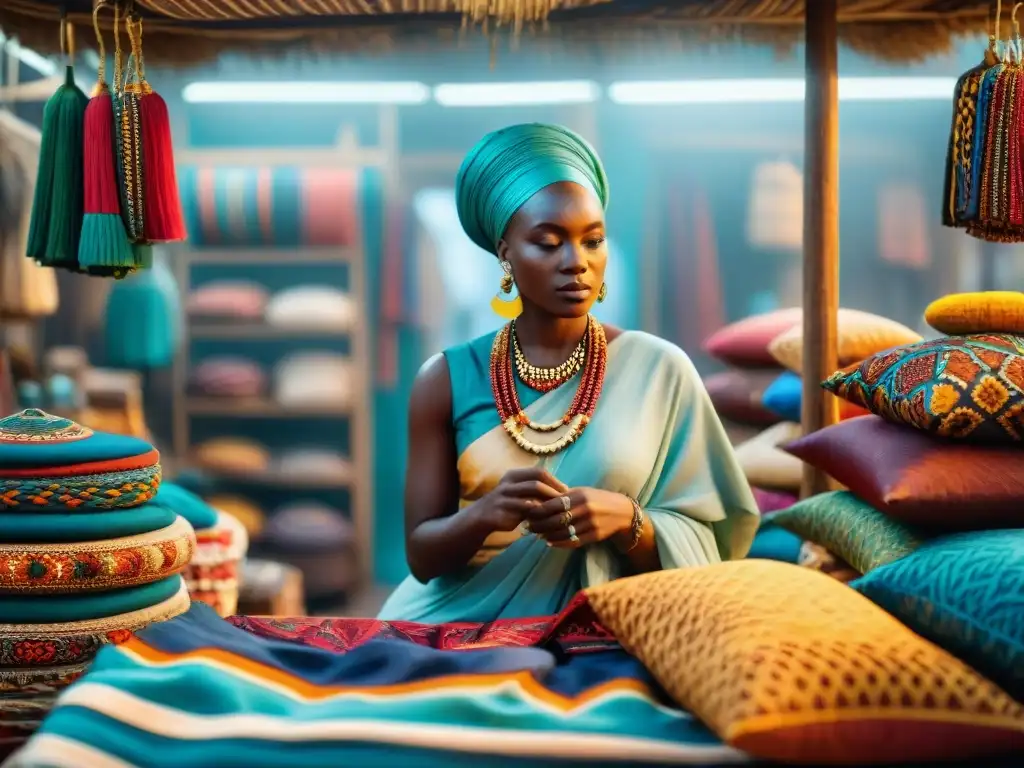 Un mercado africano bullicioso lleno de colores vibrantes y textiles intrincados